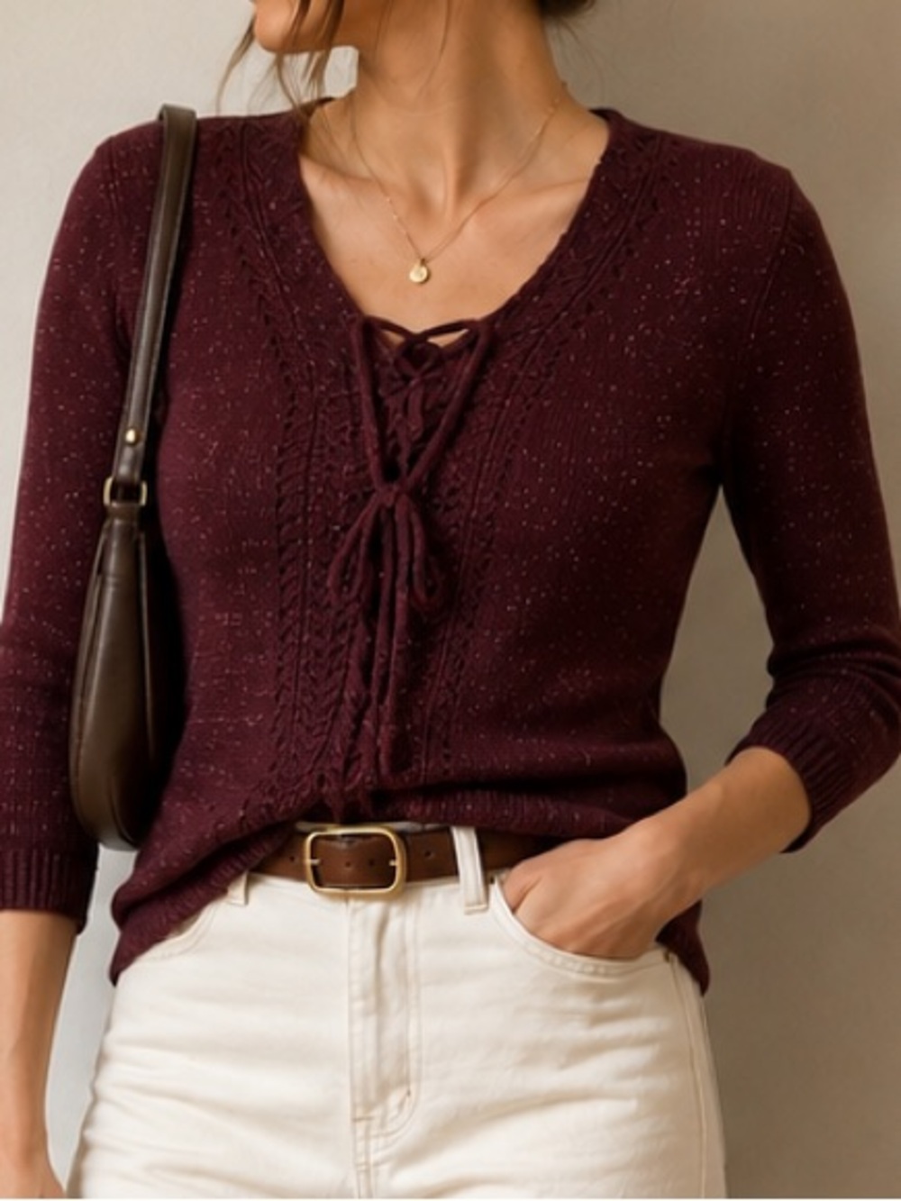 Naf Naf Cable-Front Pullover Sweater - Burgundy with metallic details